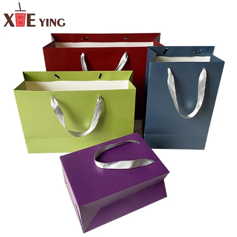 Custom Printed Paper Bags Cardboard Luxury White Kraft Paper Gift Bag with Ribbon Handle for Paper Bag