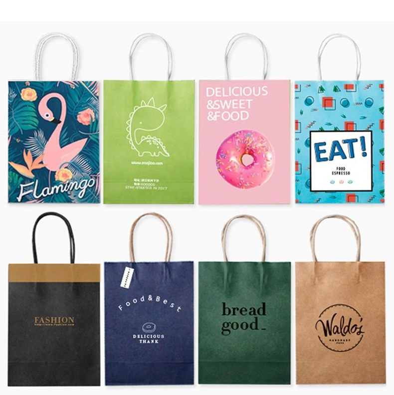 Custom for Food Grade Take Away Packaging Cake Pizza Candy Sushi Burge White Brown Kraft Shopping Paper Bag with Handles