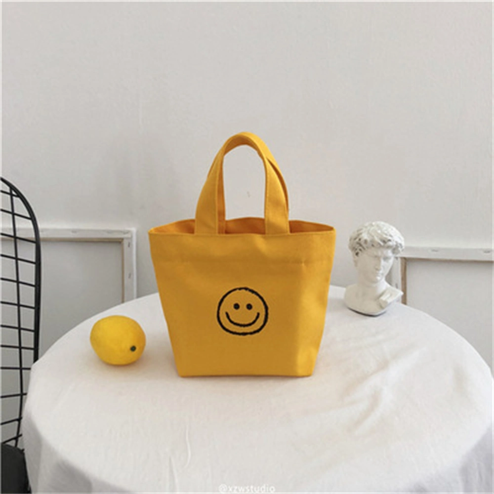 Customized New Year Fashion Eco-Friendly Reusable Small Advertising Smiling Face Printed Handle Shopping Gift Beach Organic Nature Calico Canvas Cotton Tote Bag