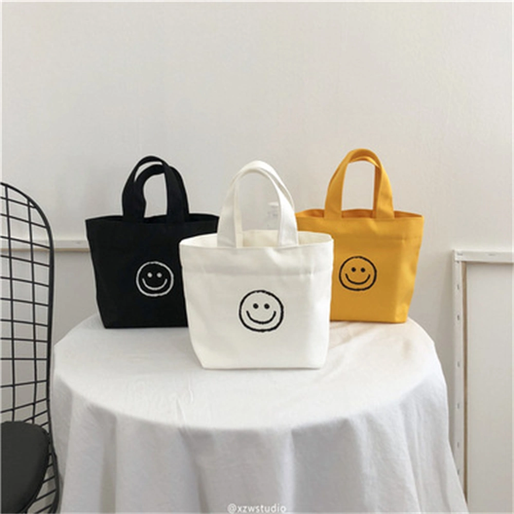 Customized New Year Fashion Eco-Friendly Reusable Small Advertising Smiling Face Printed Handle Shopping Gift Beach Organic Nature Calico Canvas Cotton Tote Bag