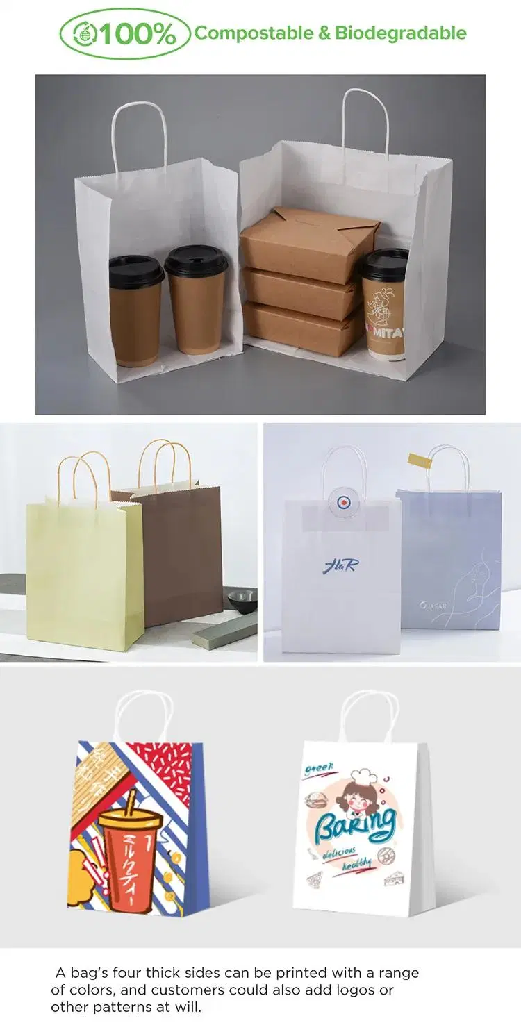 Logo Printed Takeaway Flat Brown Handle Kraft Grocery Paper Bag with Twist Handle