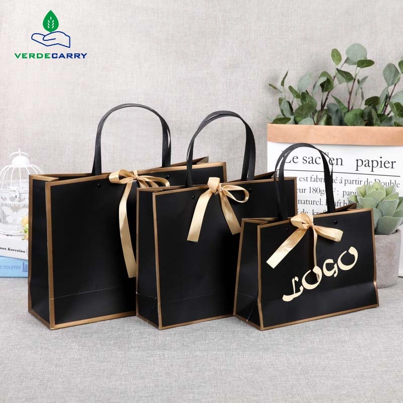 Custom Logo Large Cardboard Shopping Bags Small Jewelry Matt Black Shopping Paper Gift Bag with Handle