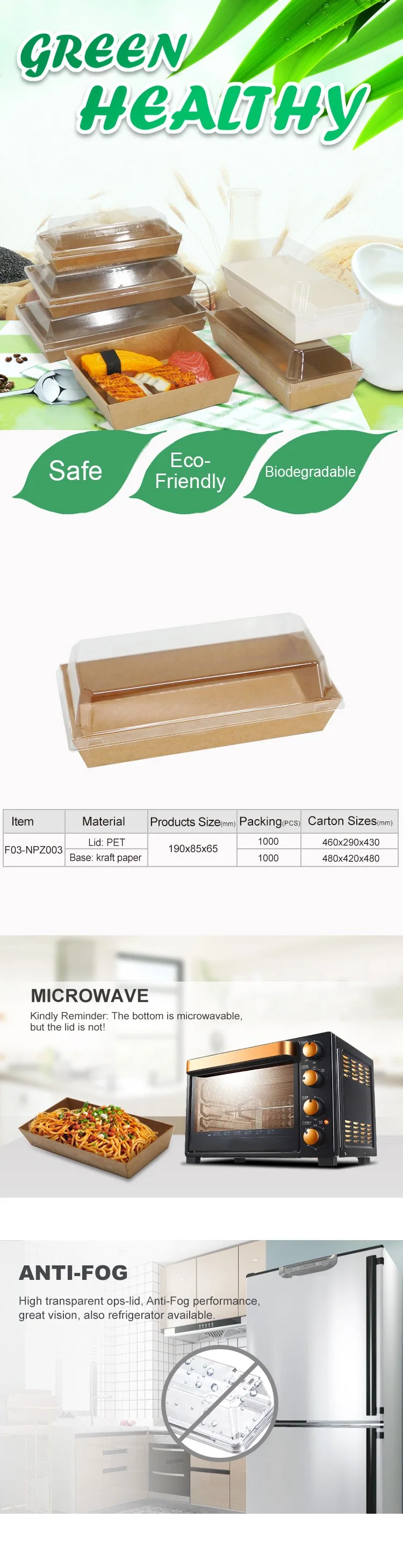 Brown/White Kraft Paper Disposable Sushi Container Food Packaging Box Sandwich Paper Box with Anti Fog Pet Lid