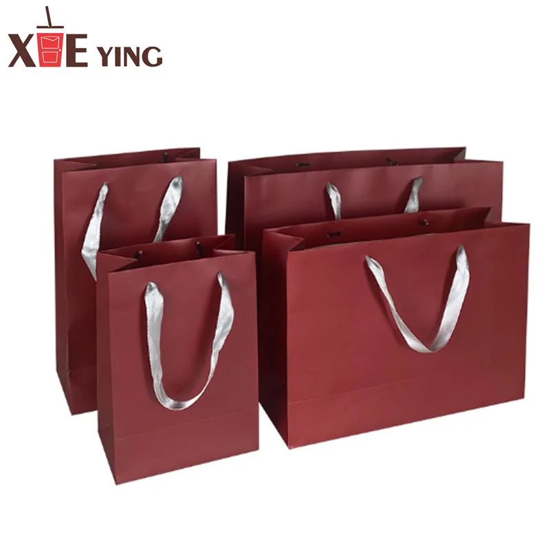 Custom Printed Paper Bags Cardboard Luxury White Kraft Paper Gift Bag with Ribbon Handle for Paper Bag