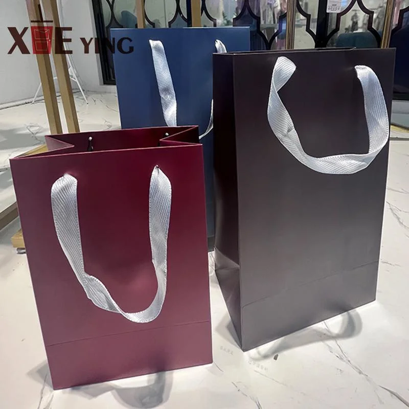 Custom Printed Paper Bags Cardboard Luxury White Kraft Paper Gift Bag with Ribbon Handle for Paper Bag