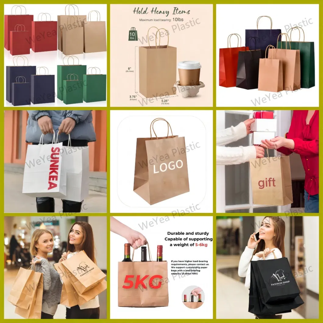 Custom Printing Size Color Fast Food Takeout Brown Black White Colorfull Packaging Kraft Paper Bags with Twisted Handle