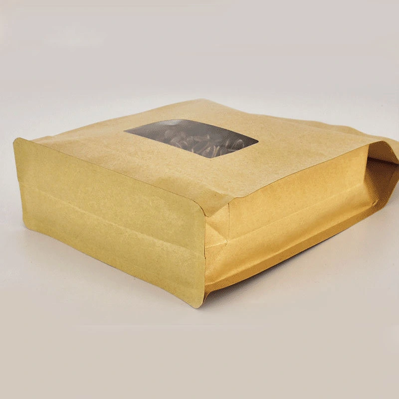 Large Eight-Side Seal Thickened Food Tea Portable Self-Sealing Kraft Paper Bag with Transparent Window