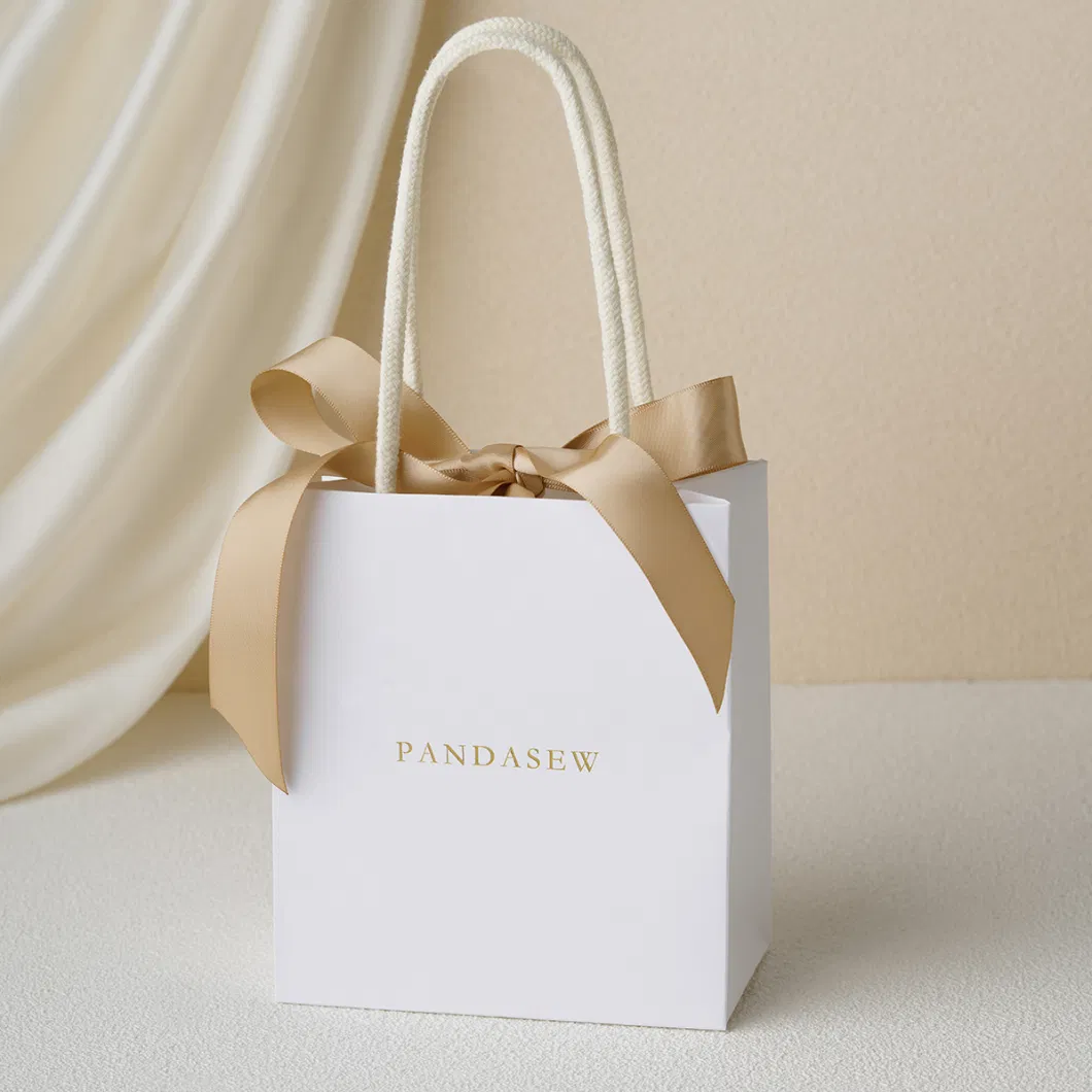 Pandasew Custom Logo White Bowknot Ribbon Kraft Handle Shopping Jewelry Art Cosmetic Handle Gift Kraft Paper Package Bag