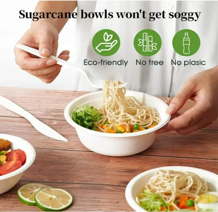 Biodegradable Eco Friendly Sugarcane Bagasse White Compostable Disposable Soup Food Paper Round Bowls