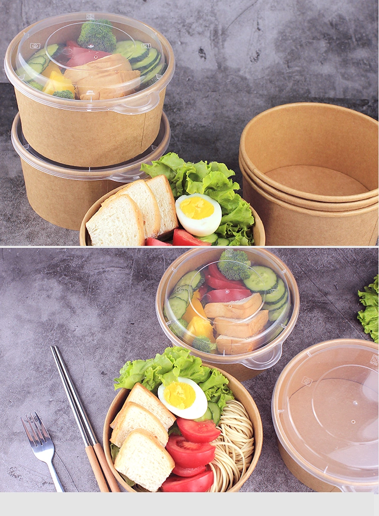 Custom Printed Takeaway Kraft Paper Food Packaging Bowl with Lid Disposable Food Container Biodegradable Container Kraft Paper Bowl Salad Bowl Lunch Box