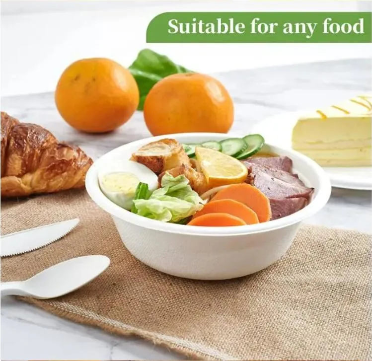 Eco-Friendly Disposable Bagasse Sugarcane Biodegradable Pulp Bowl White Round Paper Plate Salad Bowls with Lid 500ml/1000ml