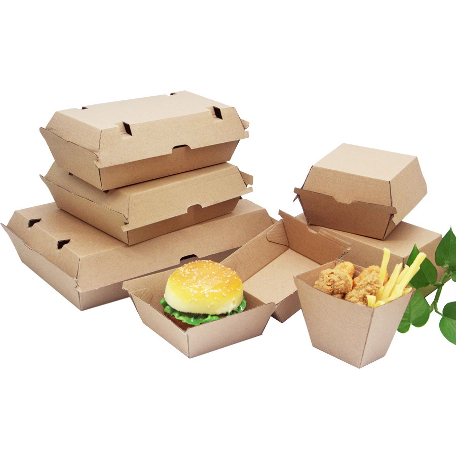 Custom Biodegradable FDA Flat Pack Easy Folding Food Grade Grease Resistant Takeaway Kraft Paper Hamburger Lunch Container Box