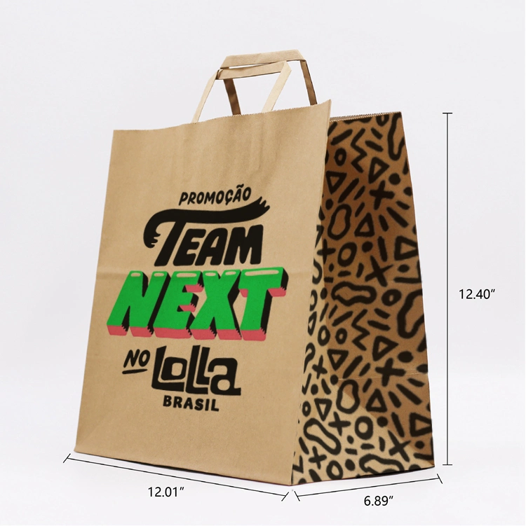 Custom Your Own Logo Print Carry out Bag for Restaurant to Go Fast Food Biodegradable Takeaway Kraft Paper Bag with Flat Craft Handle