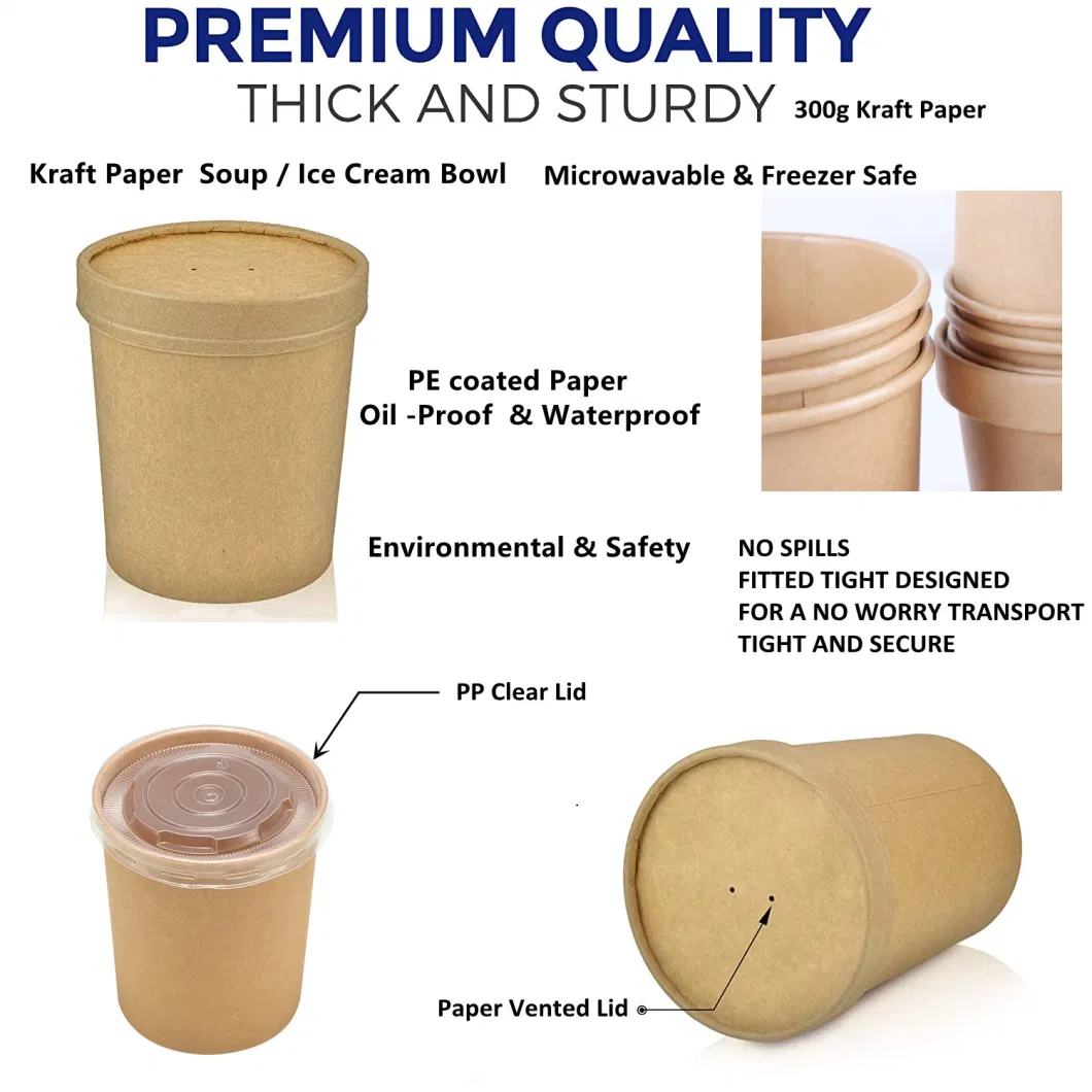 Wholesale Disposable Food Container Brown Kraft Paper Soup Bowl with Pet PP Lid