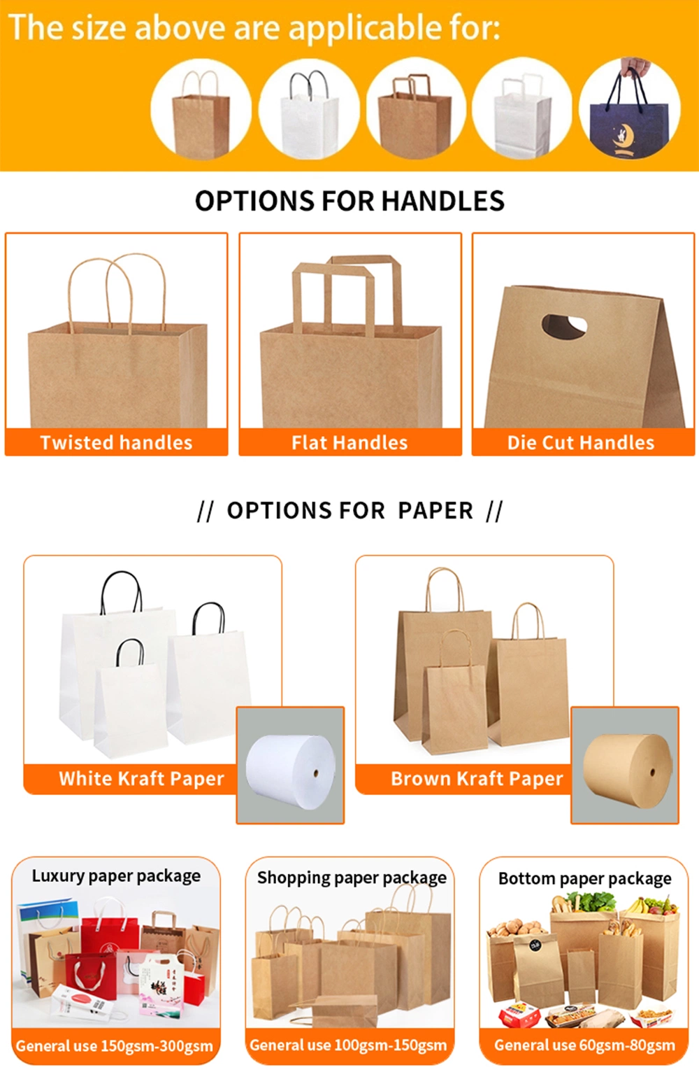 Take out Packaging White Brown Kraft Shopping Paper Gift Bag with Handles