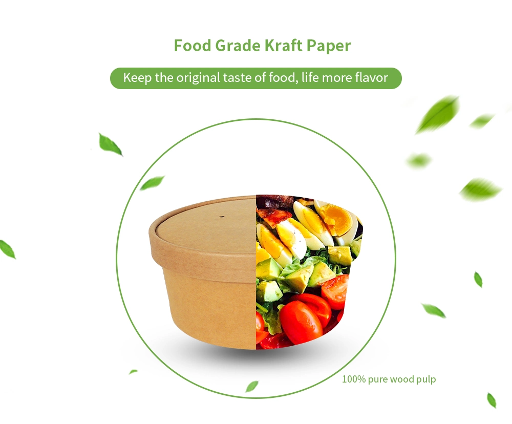 Disposable Food to Go Packaging Container Kraft Paper Soup Cup Take Away Salad Bowl with Lid