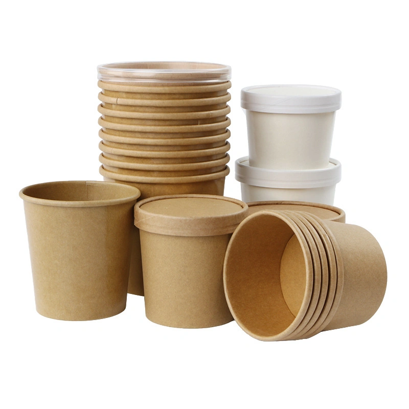 Thickened Disposable Congee Bucket Kraft Paper Soup Bucket Soup Cup Paper Bowl with Cover Takeaway Packaged Soup Bowl