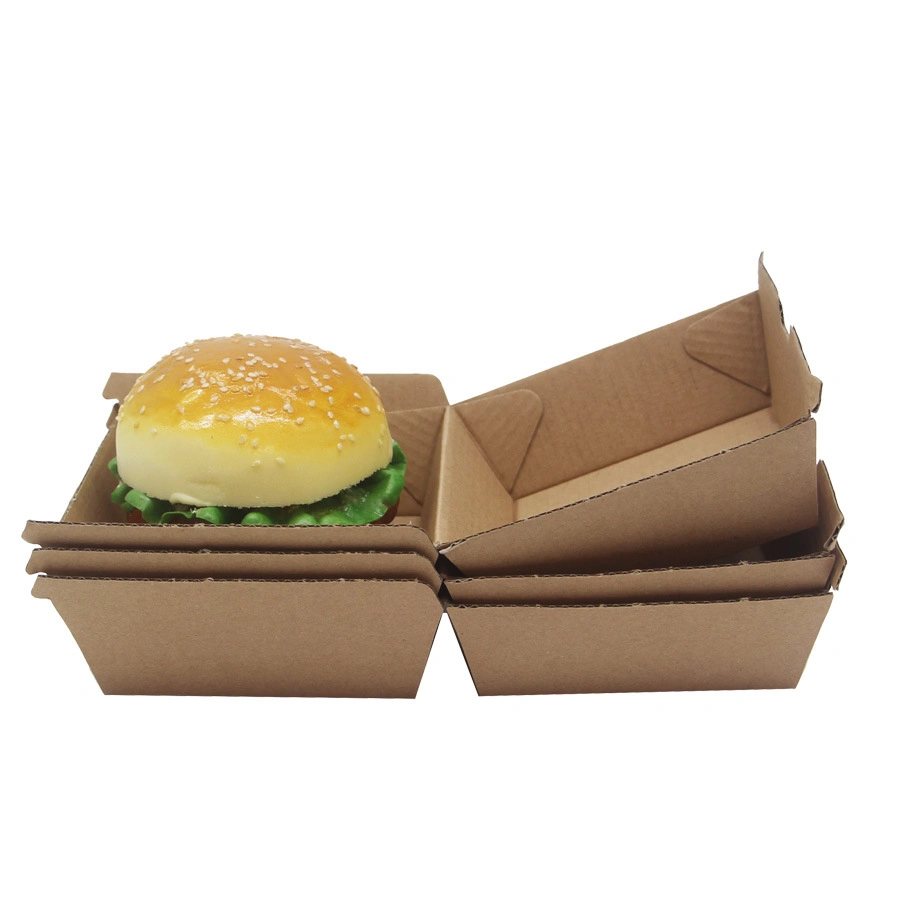 Custom Biodegradable FDA Flat Pack Easy Folding Food Grade Grease Resistant Takeaway Kraft Paper Hamburger Lunch Container Box