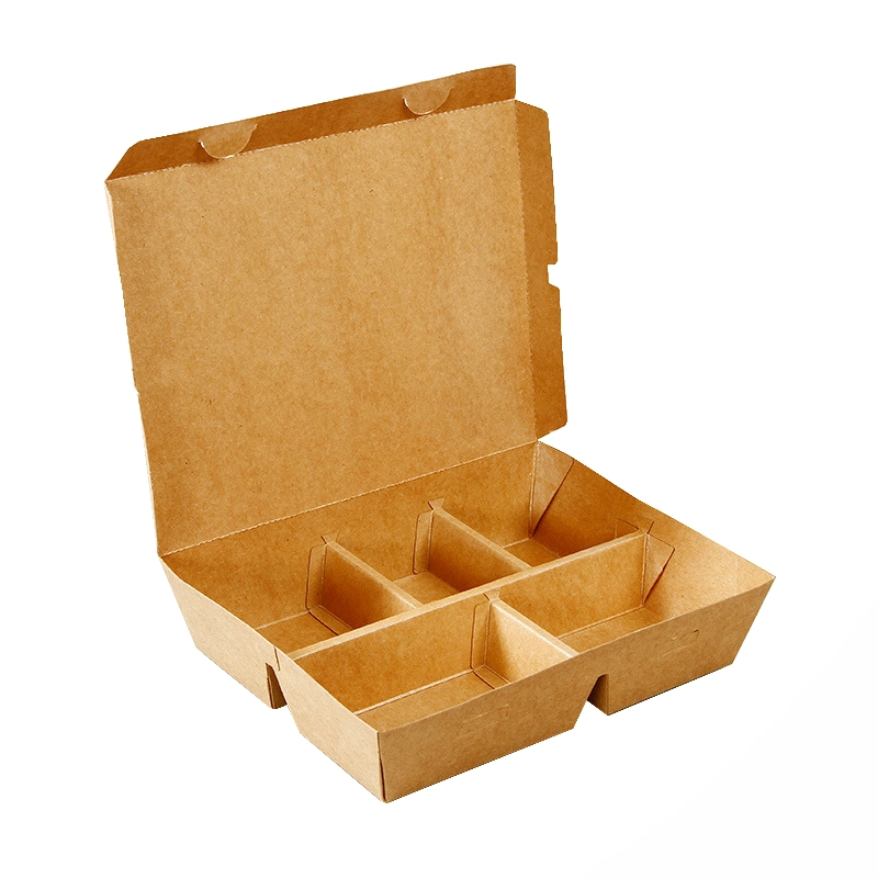 Take Away Food Container Kraft Paper Packaging Disposable Bento Compartment Lunch Box with Lid Divider