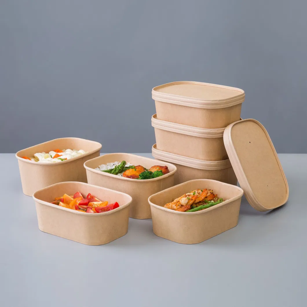 Disposable Food Grade Microwavable Lunch Box Burger Fries Various Size and Used Takeaway Salad Bowl Kraft Paper Box with Plastic Lid