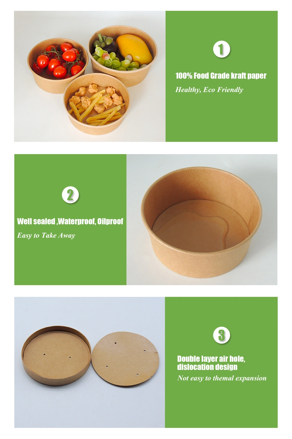 Disposable Food Container Brown Kraft Paper Soup Salad Bowl with Lid