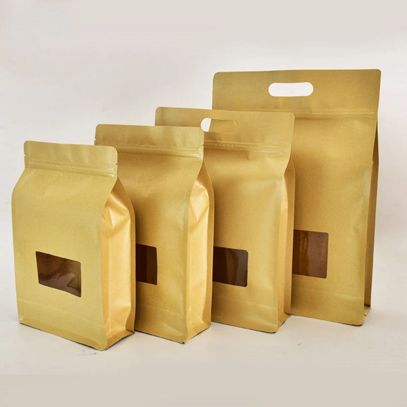 Large Eight-Side Seal Thickened Food Tea Portable Self-Sealing Kraft Paper Bag with Transparent Window