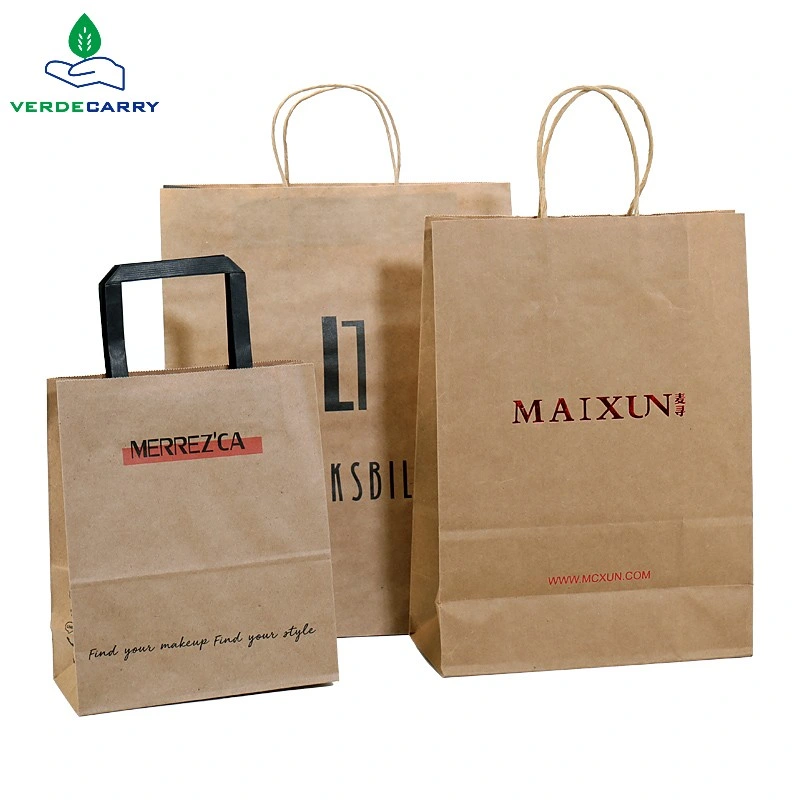 Promotional Gift Packaging Custom Logo Printed Recycled Takeaway Small Shopping Brown Kraft Paper Bags with Handles