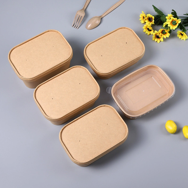 Disposable Tableware Biodegradable Kraft Paper Square Lunch Box with Lid (500/650/750/1000 ml)