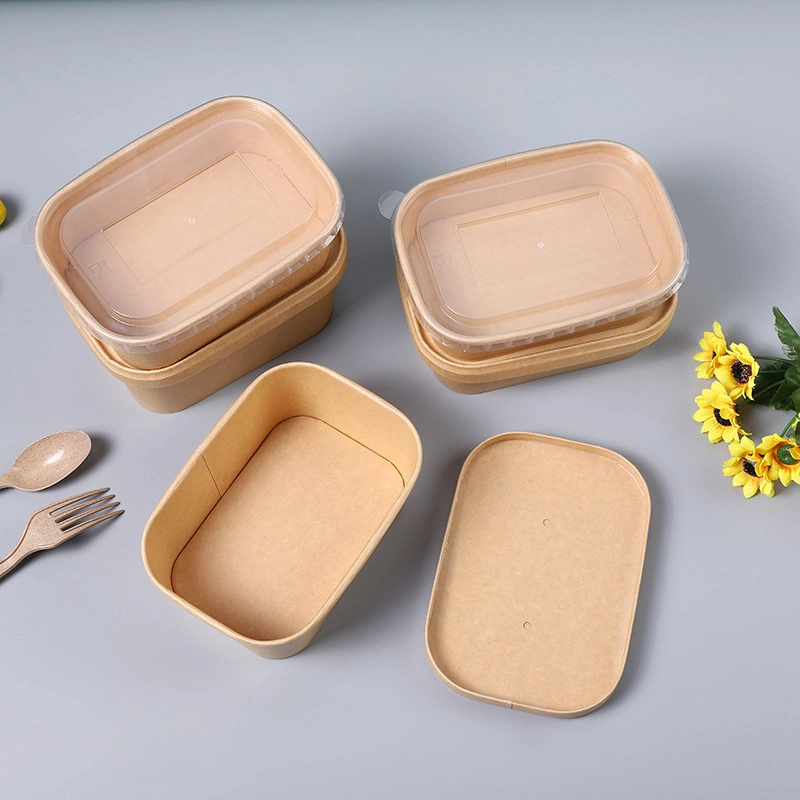 Disposable Tableware Biodegradable Kraft Paper Square Lunch Box with Lid (500/650/750/1000 ml)