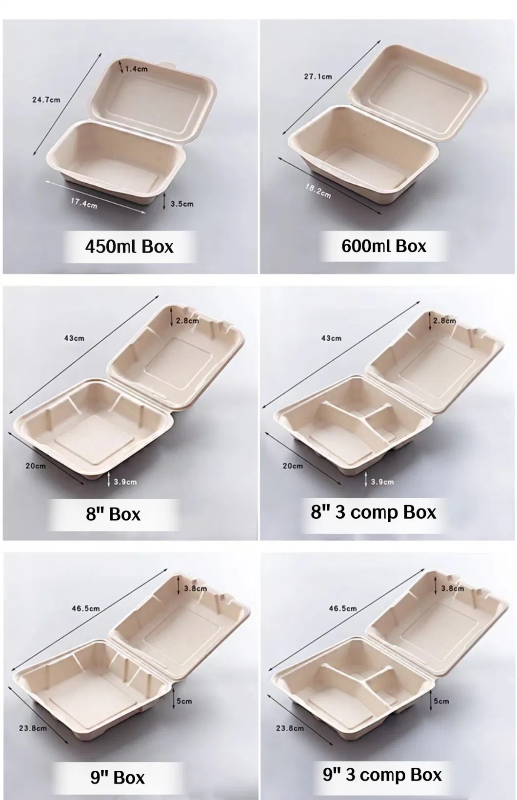 6 7 8 Inch Sugarcane Bagasse Pulp Disposable Biodegradable Brown Lunch Food Hamburger Clamshell Burger Paper Box