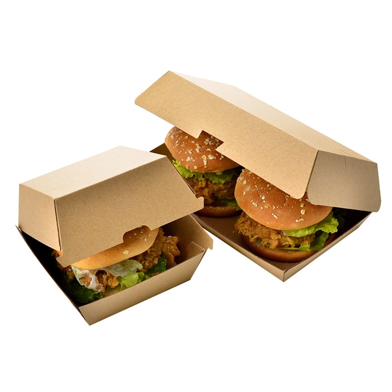 Custom Biodegradable FDA Flat Pack Easy Folding Food Grade Grease Resistant Takeaway Kraft Paper Hamburger Lunch Container Box