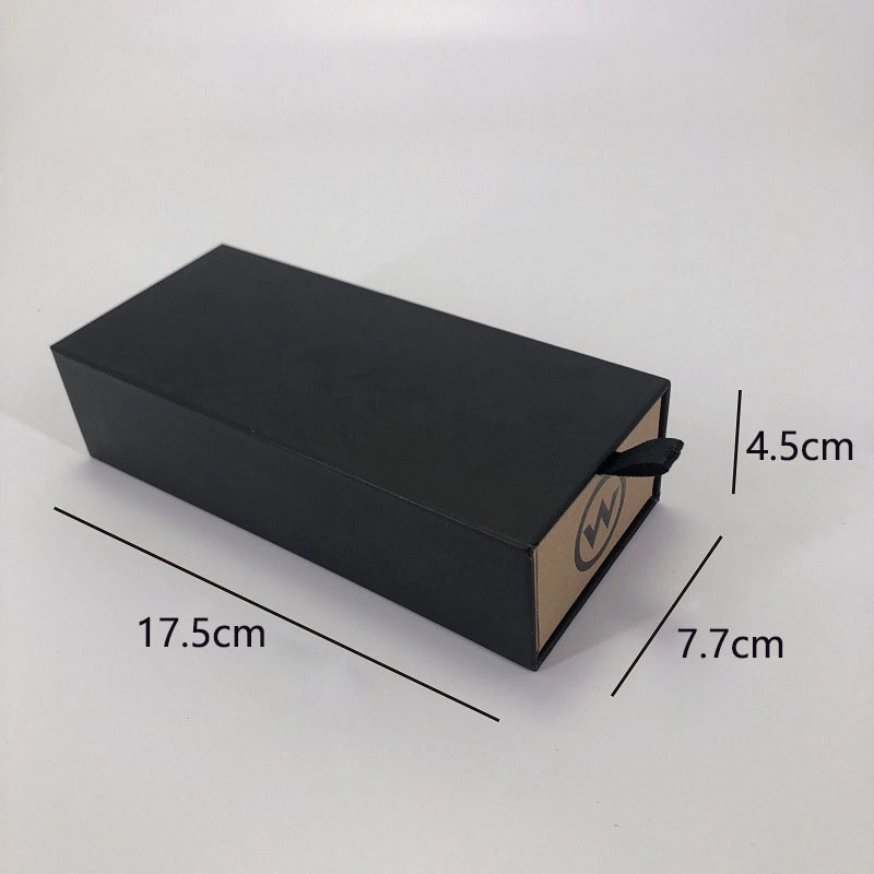 Brown Kraft Drawer Box Black Luxury Gift Paper Box with UV Printing and Silk Ribbon Handle