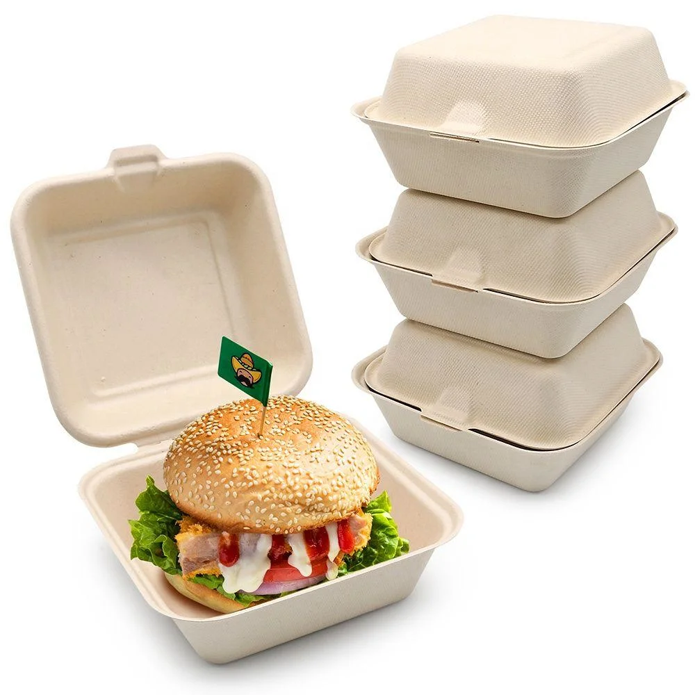 6 7 8 Inch Sugarcane Bagasse Pulp Disposable Biodegradable Brown Lunch Food Hamburger Clamshell Burger Paper Box