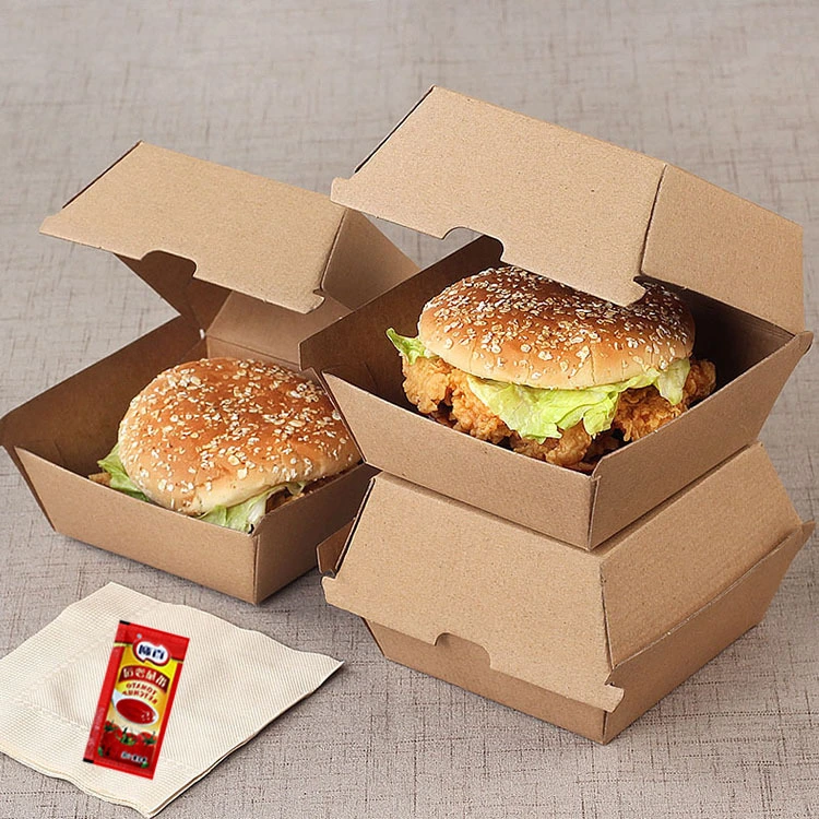 Custom Biodegradable FDA Flat Pack Easy Folding Food Grade Grease Resistant Takeaway Kraft Paper Hamburger Lunch Container Box