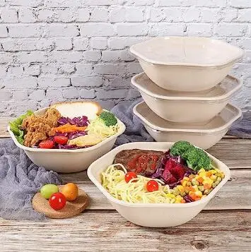 Hexagon Disposable Bowls with Lids, Sugarcane Fiber Biodegradable Paper Salad Bowls Take Away Food Containers Eco-Friendly Plant Fibers Microwave &amp; Freezer Safe