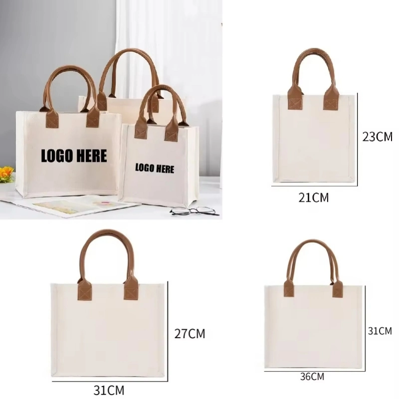 Friendly Luxury Fashion Eco-Friendly Organic Cotton Gift Tote Bag Brown PU Handle Canvas Beach Tote Bag