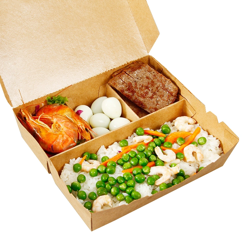 Take Away Food Container Kraft Paper Packaging Disposable Bento Compartment Lunch Box with Lid Divider