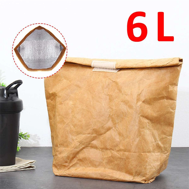 6L Brown Paper Reusable Durable Insulated Thermal Kraft Paper Tyvek Lunch Bag