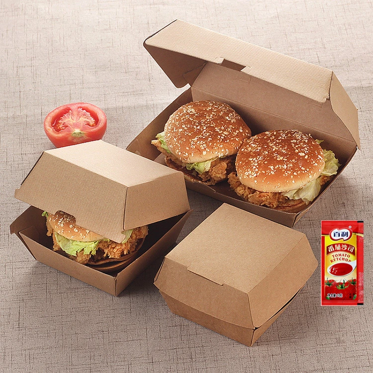 Custom Biodegradable FDA Flat Pack Easy Folding Food Grade Grease Resistant Takeaway Kraft Paper Hamburger Lunch Container Box