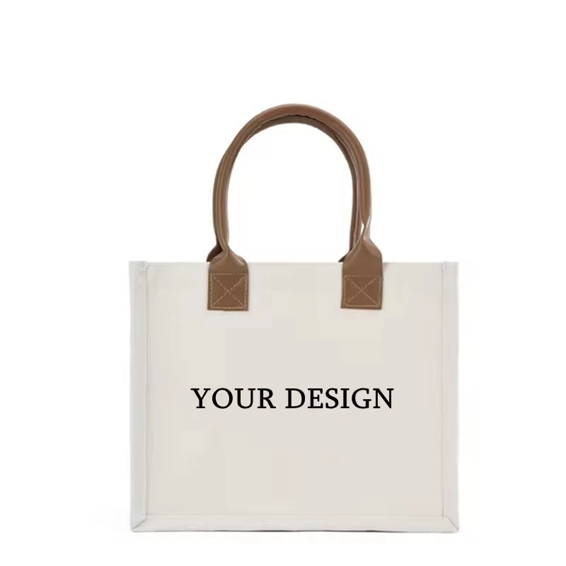 Friendly Luxury Fashion Eco-Friendly Organic Cotton Gift Tote Bag Brown PU Handle Canvas Beach Tote Bag