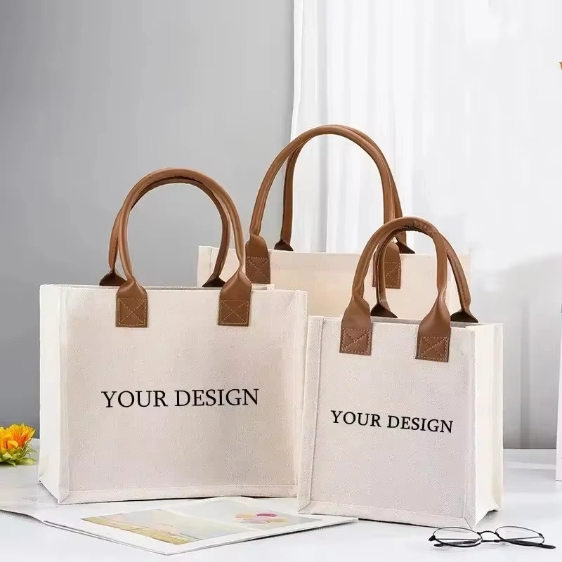 Friendly Luxury Fashion Eco-Friendly Organic Cotton Gift Tote Bag Brown PU Handle Canvas Beach Tote Bag