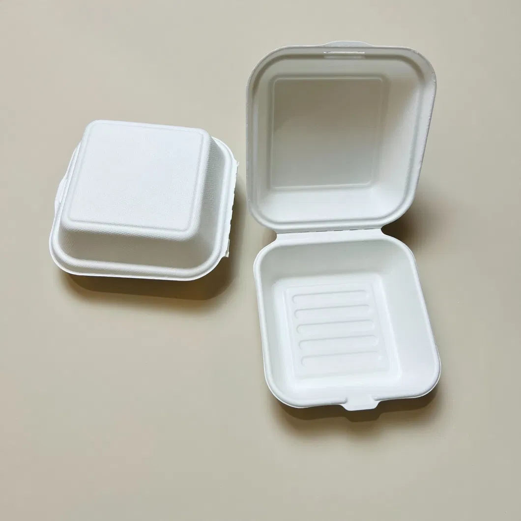 Biodegradable Disposable Hamburger Box Sugarcane Bagasse Paper Pulp Lunch 6 Inch Box