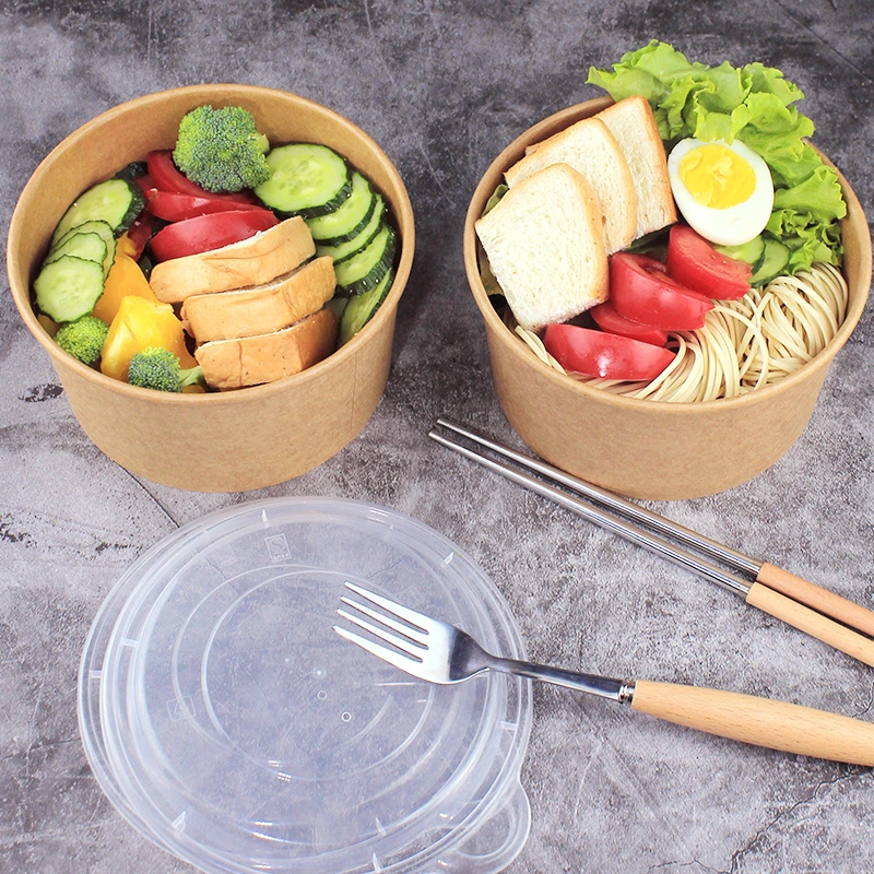 Custom Printed Takeaway Kraft Paper Food Packaging Bowl with Lid Disposable Food Container Biodegradable Container Kraft Paper Bowl Salad Bowl Lunch Box