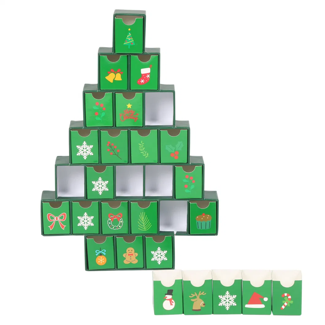 Tree Shape Christmas Special Paper Gift Packaging Boxes 24 Drawers Cosmetic Skin Care Pet Treat Toy Unique Display Box Holiday Gift Creative Paper Packaging Box