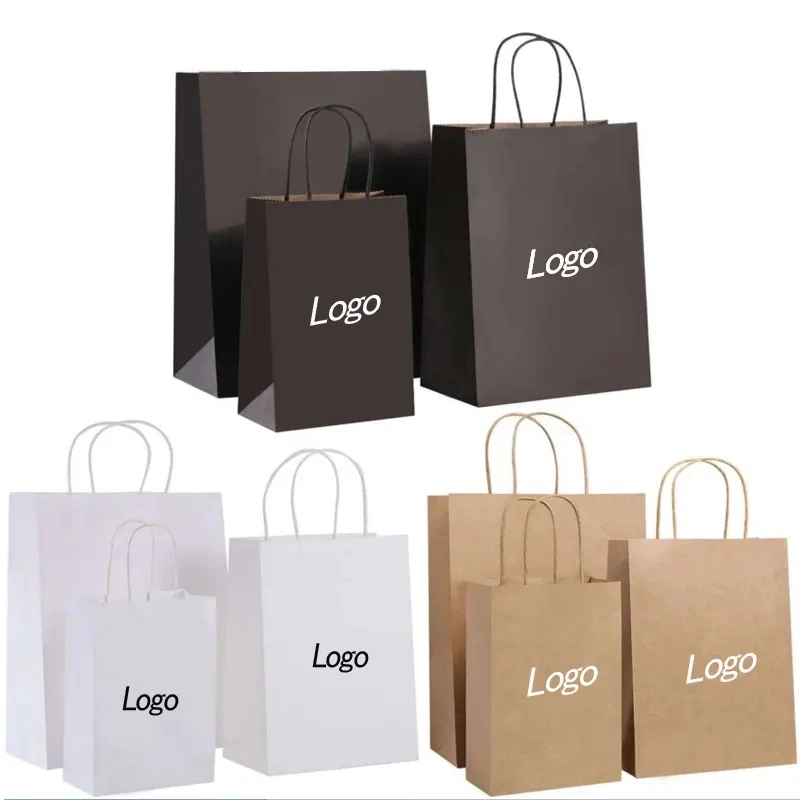 Custom Shopping Gift Handle Craft Print Food Takeaway Packaging Small Paper Bag Black White Brown Kraft Paper Bag with Logo