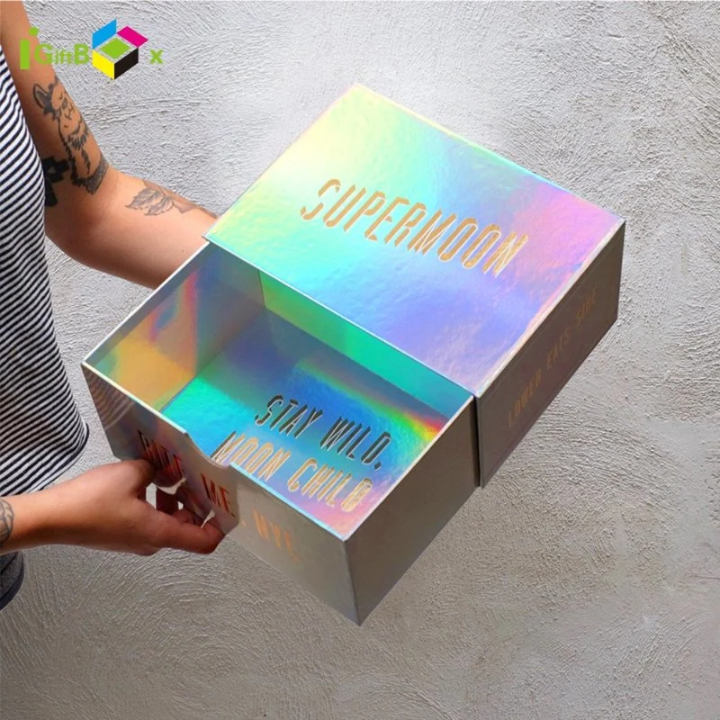 Custom Sliding Slide Paper Cardboard Iridescent Hologram Holographic Drawer Caixa De Presente Caja De Regalo Box Packaging Drawer Gift Paper Box