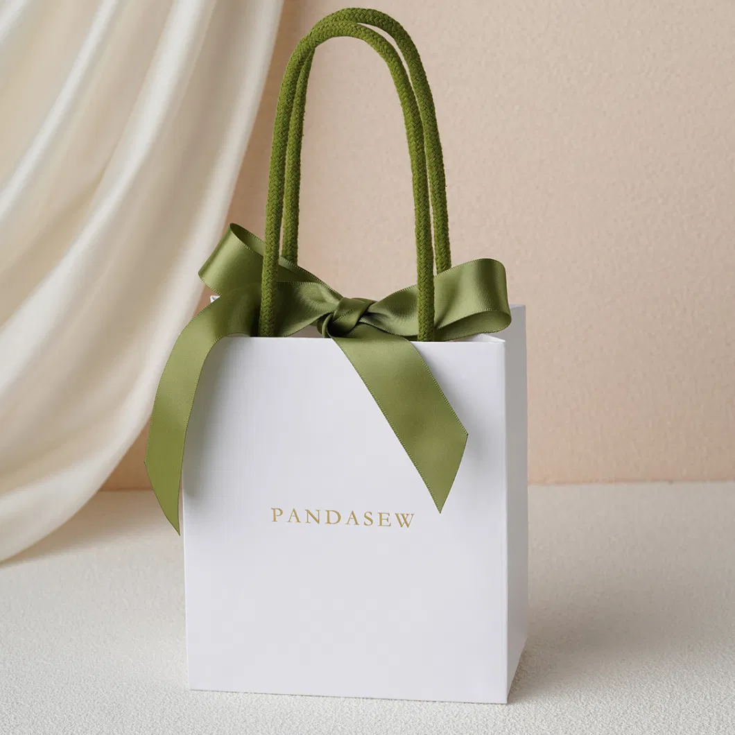 Pandasew Custom Logo White Bowknot Ribbon Kraft Handle Shopping Jewelry Art Cosmetic Handle Gift Kraft Paper Package Bag