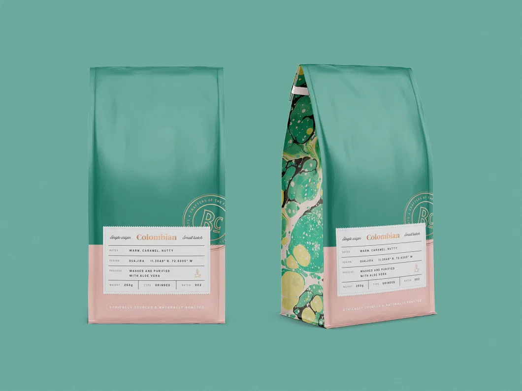 Hot Stamping Compostable Kraft Paper Stand up Coffee Packaging Flat Bottom Tea Coffee Bags