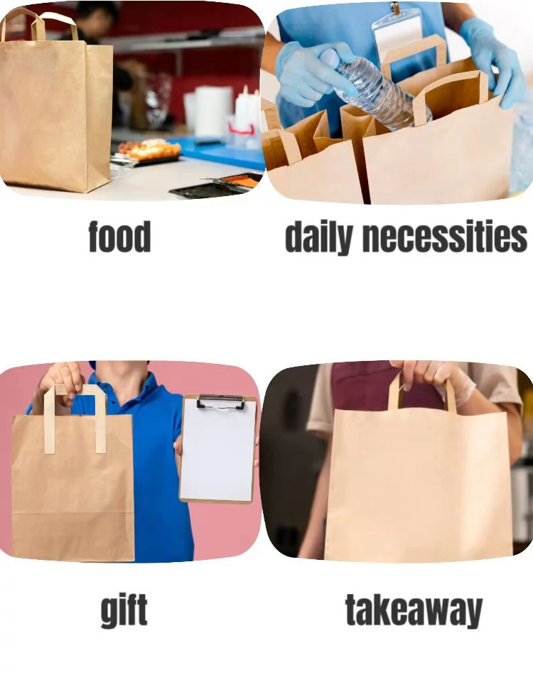 Large Brown Flat Handles Paper Food Storage Bag for Takeaway with Handle