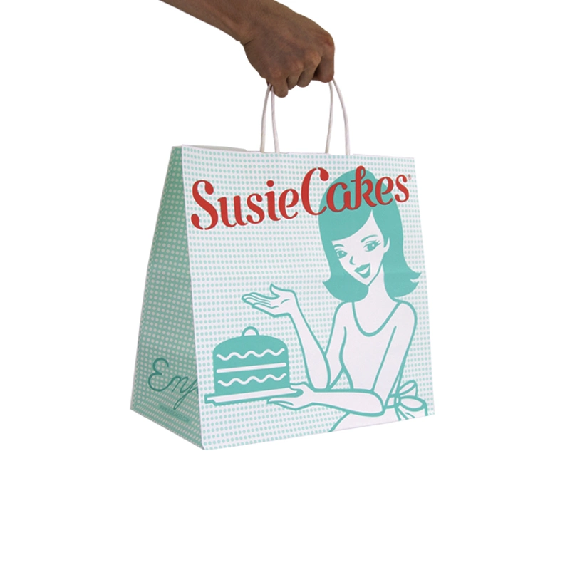 Custom White Craft Paper Bag for Takeout Fast Food with Handles